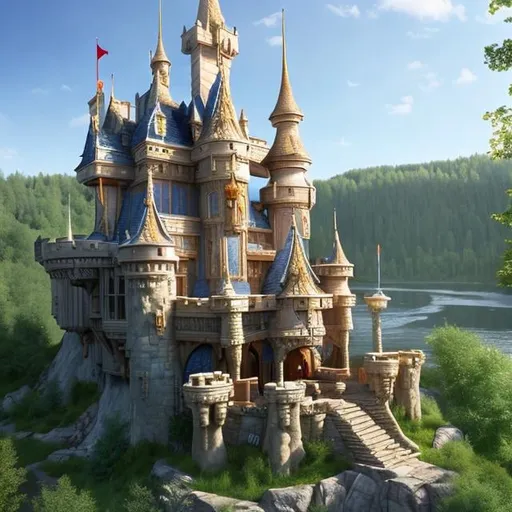 Prompt: fantasy castle, multiple levels, curtain wall, circular, panoramic view, highly detailed, natural lighting, built on a bluff overlooking a river