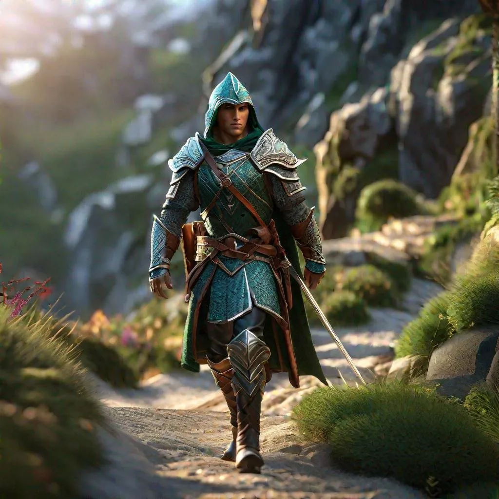 Prompt: D&D Elf warrior,  walking down a trail, highly detailed, professional, render, Sharp focus, HD, UHD, HDR, hyper realistic