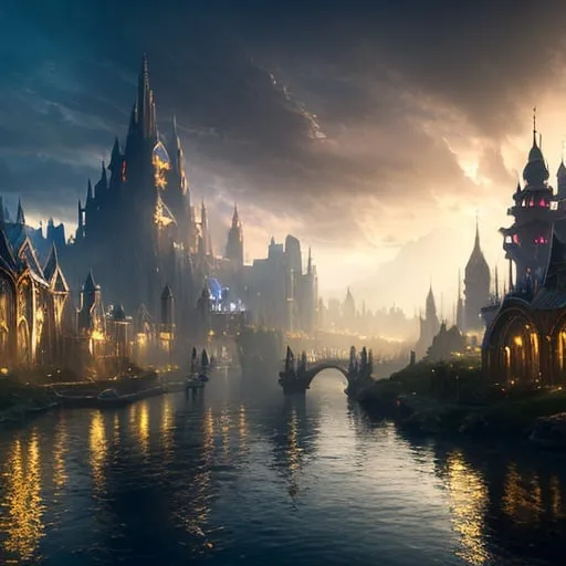 Prompt: Fantasy concept art of a large city at the head waters of a river, docked ships, towering majestic architecture, mystical atmosphere, enchanting light effects, high quality, fantasy, detailed cityscape, riverside, majestic ships, mystical ambiance, enchanting lighting, panoramic view, natural light
