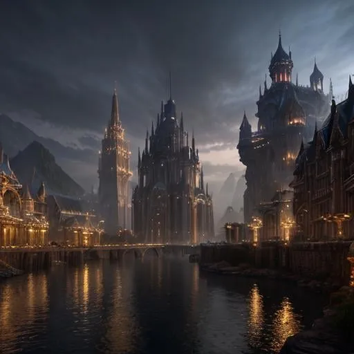 Prompt: Fantasy concept art of a large city at the head waters of a river, docked ships, towering majestic architecture, mystical atmosphere, enchanting light effects, high quality, fantasy, detailed cityscape, riverside, majestic ships, mystical ambiance, enchanting lighting