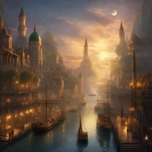 Prompt: Fantasy concept art of a large city at the head waters of a river, docked ships, towering majestic architecture, mystical atmosphere, enchanting light effects, high quality, fantasy, detailed cityscape, riverside, majestic ships, mystical ambiance, enchanting lighting