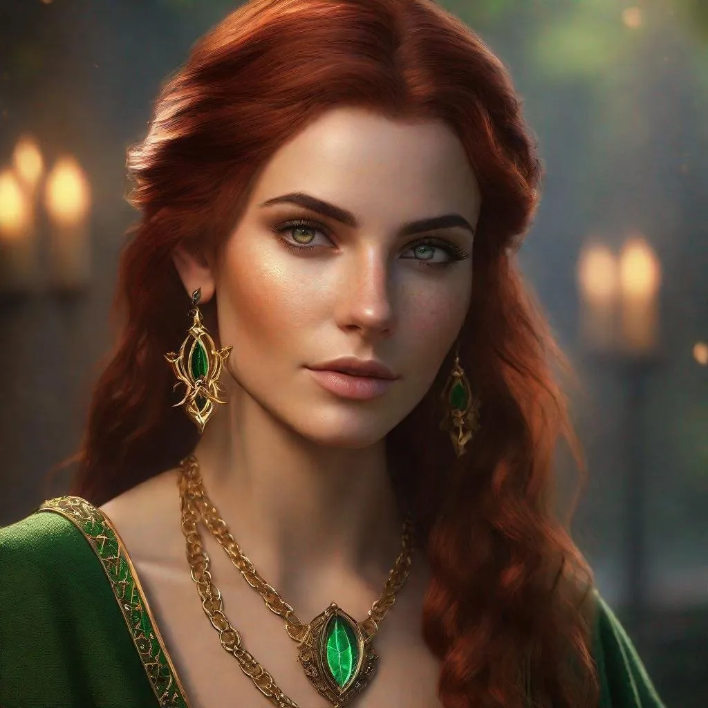 Prompt: high-resolution, Headshot, Realistic, Young adult, Pretty Elf woman, light freckles dark red hair, Gold earrings, face tattoo, green robe with chain mail, mage, witch, Wizard, Elf, Elven, High Fae, Fae, 4k, 128k UHD HDR, High quality, Concept art style, Video game style, perfect eyes, perfect face, Lord of the rings, Game of thrones, World of war craft, high resolution eyes