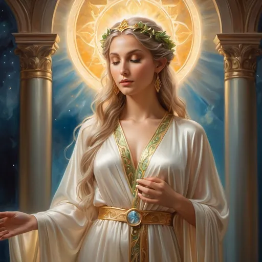 Prompt: Elf Deity, oil painting, detailed robes, majestic pose, renaissance, divine glow, ethereal background, high quality, renaissance, deity,  majestic pose, divine glow, ethereal, atmospheric lighting