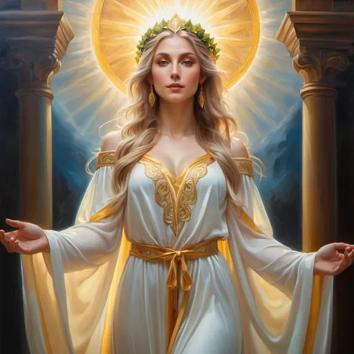 Prompt: Elf Deity, oil painting, detailed robes, majestic pose, renaissance, divine glow, ethereal background, high quality, renaissance, deity,  majestic pose, divine glow, ethereal, atmospheric lighting