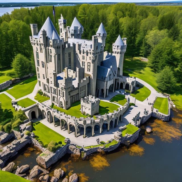 Prompt: castle Celtic architecture, multiple levels, curtain wall, circular, panoramic view, highly detailed, natural lighting, built on a bluff overlooking a river