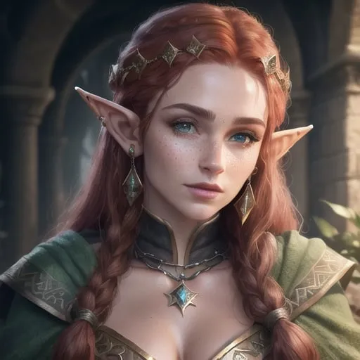 Prompt: high-resolution, Headshot, Realistic, Young adult, Pretty Elf woman, light freckles dark red hair, Gold earrings, face tattoo, green robe with chain mail, mage, witch, Wizard, Elf, Elven, High Fae, Fae, 4k, 128k UHD HDR, High quality, Concept art style, Video game style, perfect eyes, perfect face, Lord of the rings, Game of thrones, World of war craft, high resolution eyes