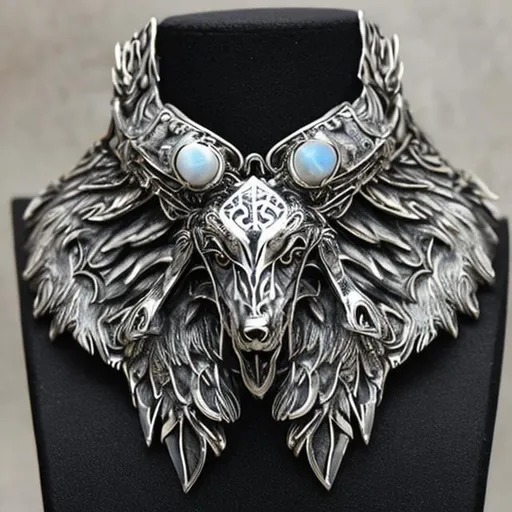 Prompt: dog collar made of moon stone, armored, fantasy, include wolf head
