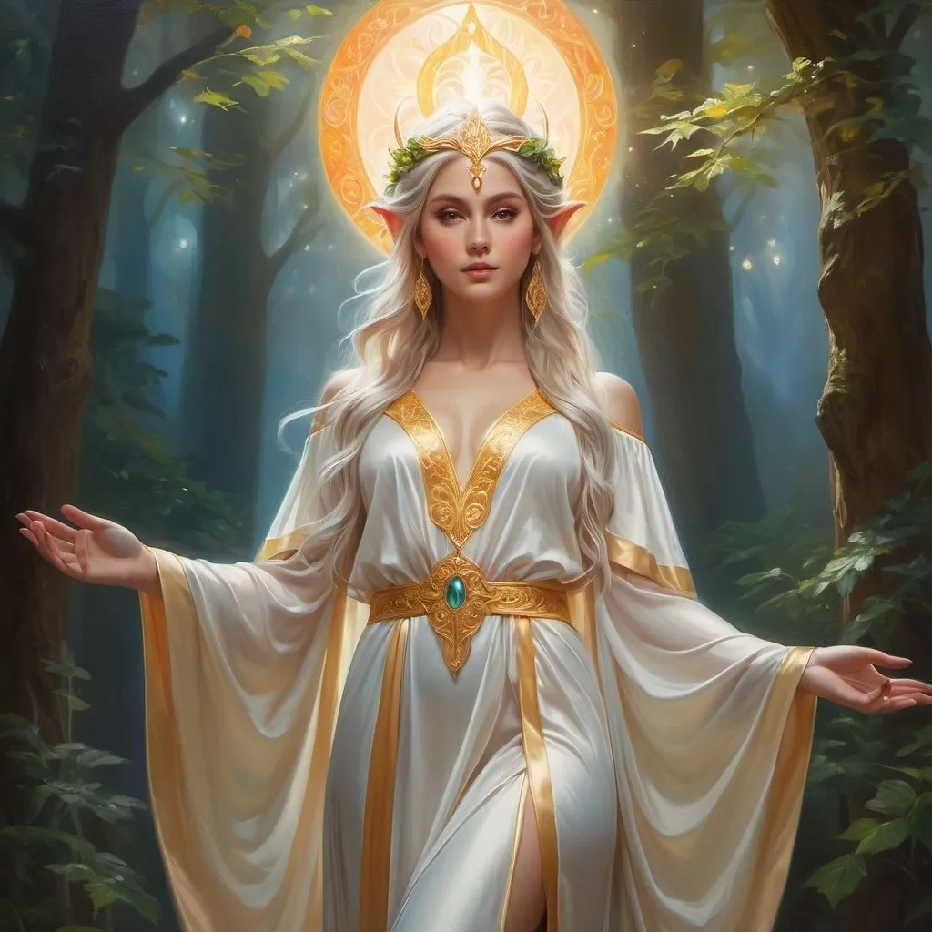 Prompt: Elf Deity, oil painting, detailed robes, majestic pose, ethereal background, high quality, deity,  majestic pose,ethereal, atmospheric lighting