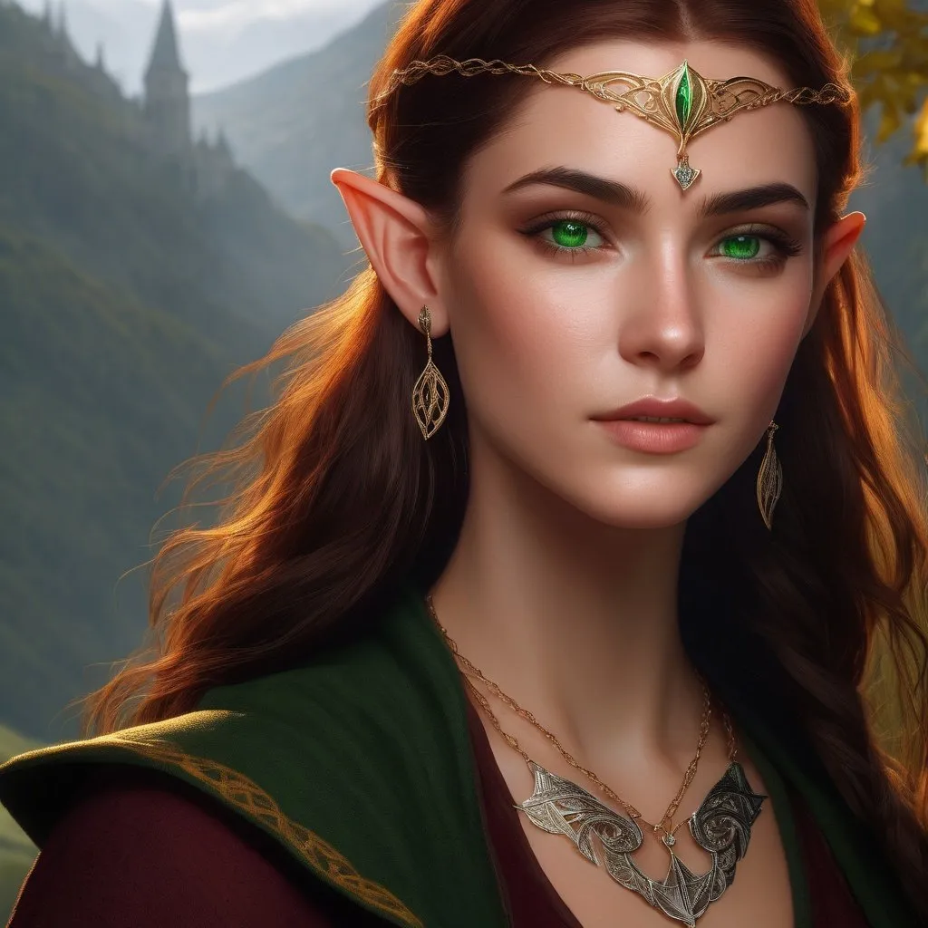 Prompt: high-resolution, Headshot, Realistic, Young adult, Pretty Elf woman, light freckles dark red hair, Gold earrings, face tattoo, green robe with chain mail, mage, witch, Wizard, Elf, Elven, High Fae, Fae, 4k, 128k UHD HDR, High quality, Concept art style, Video game style, perfect eyes, perfect face, Lord of the rings, Game of thrones, World of war craft, high resolution eyes