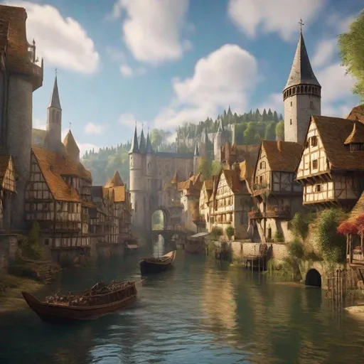 Prompt:  large medieval city at the head waters of a river, docked ships, vibrant, panoramic view, uhd, 4k, natural lighting, fantasy setting, noon
