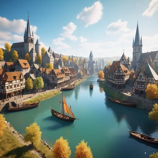 Prompt:  large medieval city at the head waters of a river, docked ships, vibrant, panoramic view, uhd, 4k, natural lighting, fantasy setting, noon
