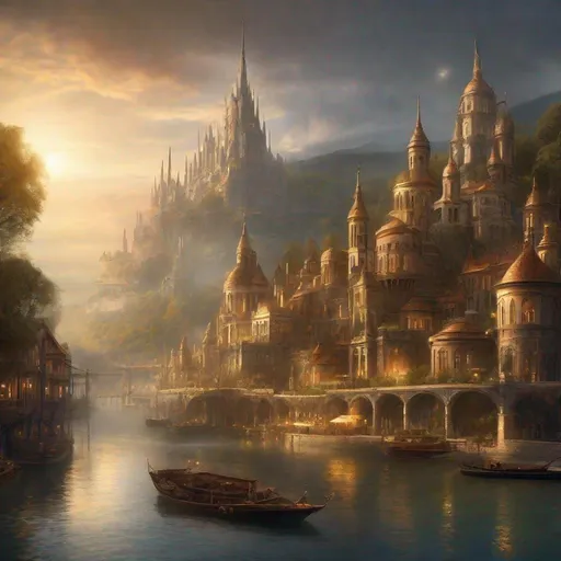 Prompt: Fantasy concept art of a large city at the head waters of a river, docked ships, towering majestic architecture, mystical atmosphere, enchanting light effects, high quality, fantasy, detailed cityscape, riverside, majestic ships, mystical ambiance, enchanting lighting, panoramic view, natural light
