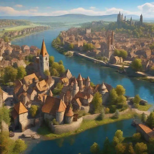 Prompt:  large medieval city at the head waters of a river, docked ships, vibrant, panoramic view, uhd, 4k, natural lighting, fantasy setting, noon
