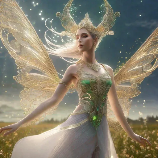 Prompt: Elven deity, fey deity, ethereal and graceful, 3D rendering, intricate nature-inspired details, majestic and otherworldly, high quality, fantasy, magical, ethereal, 3D rendering,  intricate details, nature-inspired, otherworldly, dancing across a field