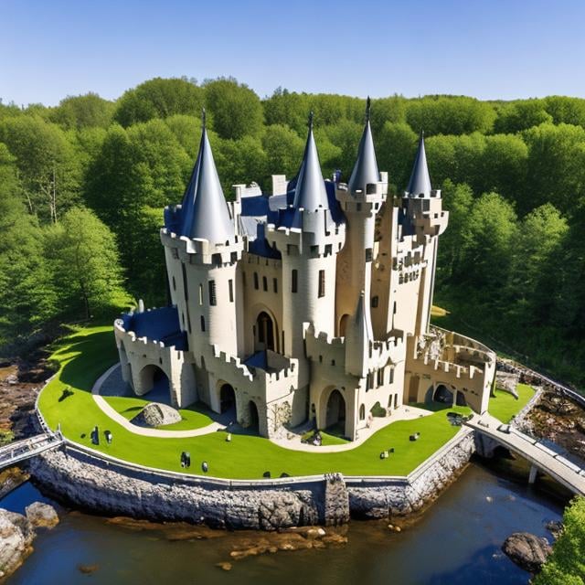 Prompt: castle Celtic architecture, multiple levels, curtain wall, circular, panoramic view, highly detailed, natural lighting, built on a bluff overlooking a river