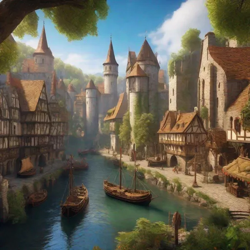 Prompt:  large medieval city at the head waters of a river, docked ships, vibrant, panoramic view, uhd, 4k, natural lighting, fantasy setting, noon
