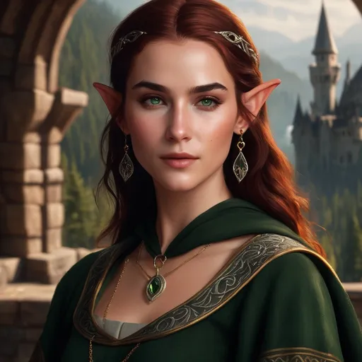 Prompt: high-resolution, Headshot, Realistic, Young adult, Pretty Elf woman, light freckles dark red hair, Gold earrings, face tattoo, green robe with chain mail, mage, witch, Wizard, Elf, Elven, High Fae, Fae, 4k, 128k UHD HDR, High quality, Concept art style, Video game style, perfect eyes, perfect face, Lord of the rings, Game of thrones, World of war craft, high resolution eyes