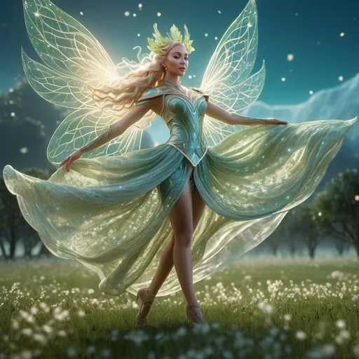 Prompt: Elven deity, fey deity, ethereal and graceful, 3D rendering, intricate nature-inspired details, majestic and otherworldly, high quality, fantasy, magical, ethereal, 3D rendering,  intricate details, nature-inspired, otherworldly, dancing across a field