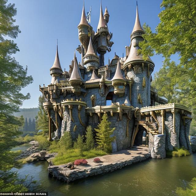 Prompt: fantasy castle, multiple levels, curtain wall, circular, panoramic view, highly detailed, natural lighting, built on a bluff overlooking a river