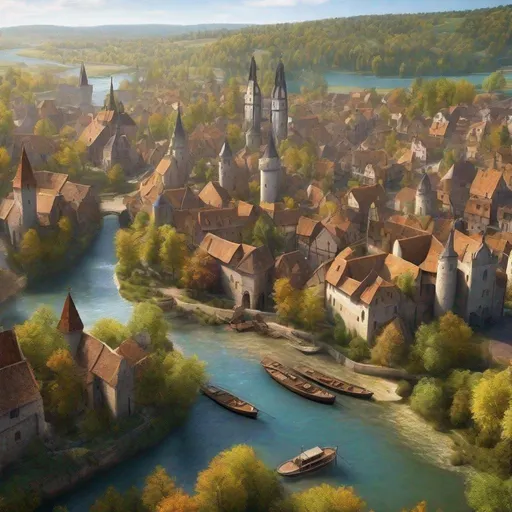 Prompt:  large medieval city at the head waters of a river, docked ships, vibrant, panoramic view, uhd, 4k, natural lighting, fantasy setting, noon
