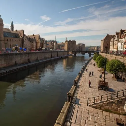 Prompt:  large medieval city at the head waters of a river, docked ships, vibrant, panoramic view, uhd, 4k, natural lighting, fantasy setting, noon
