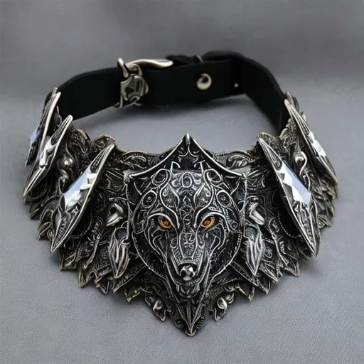 Prompt: dog collar made of moon stone, armored, fantasy, include wolf head
