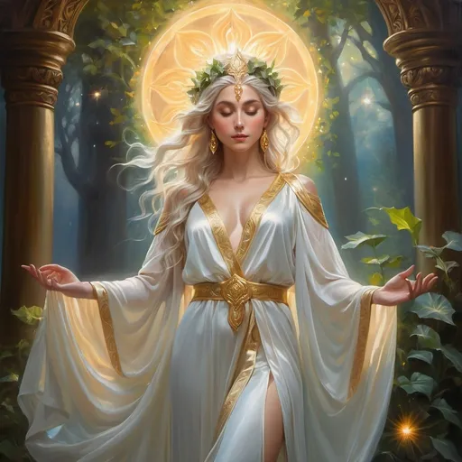 Prompt: Elf Deity, oil painting, detailed robes, majestic pose, ethereal background, high quality, deity,  majestic pose,ethereal, atmospheric lighting