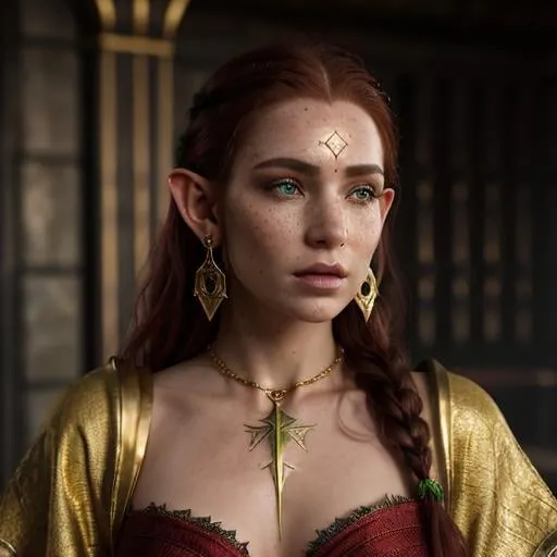 Prompt: high-resolution, Headshot, Realistic, Young adult, Pretty Elf woman, light freckles dark red hair, Gold earrings, face tattoo, green robe with chain mail, mage, witch, Wizard, Elf, Elven, High Fae, Fae, 4k, 128k UHD HDR, High quality, Concept art style, Video game style, perfect eyes, perfect face, Lord of the rings, Game of thrones, World of war craft, high resolution eyes