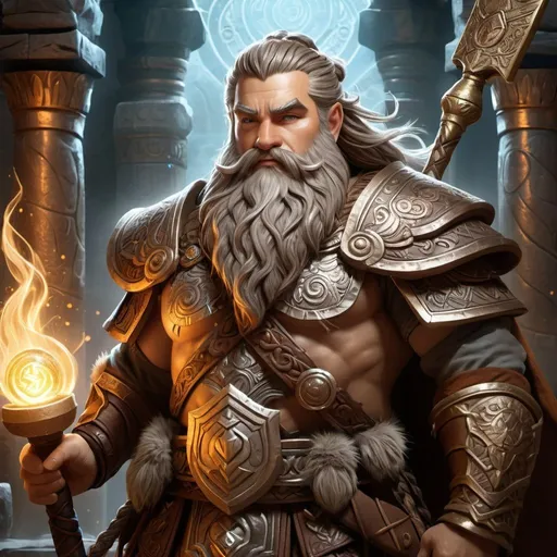 Prompt: Dwarf god of the deep earth, fantasy concept art, ancient stone temple, mystical glowing runes, epic beard and braided hair, majestic hammer, earthy color palette, cinematic lighting, high fantasy, detailed armor and intricate engravings, divine aura, mythical, godlike, powerful presence, highres, ultra-detailed, fantasy, epic beard, earthy tones, mystical runes, cinematic lighting
