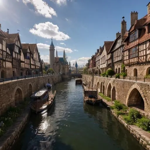 Prompt:  large medieval city at the head waters of a river, docked ships, vibrant, panoramic view, uhd, 4k, natural lighting, fantasy setting, noon
