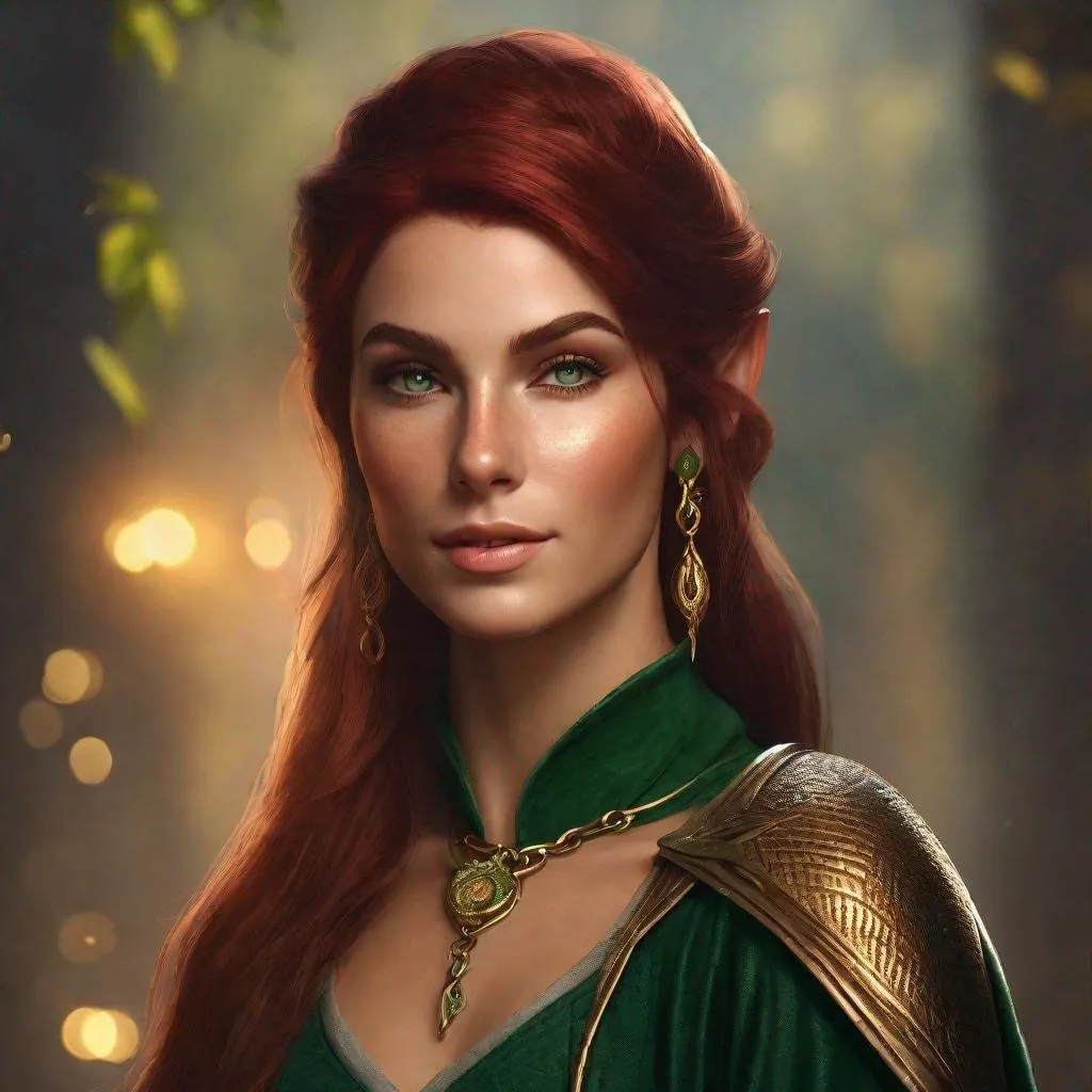 Prompt: high-resolution, Headshot, Realistic, Young adult, Pretty Elf woman, light freckles dark red hair, Gold earrings, face tattoo, green robe with chain mail, mage, witch, Wizard, Elf, Elven, High Fae, Fae, 4k, 128k UHD HDR, High quality, Concept art style, Video game style, perfect eyes, perfect face, Lord of the rings, Game of thrones, World of war craft, high resolution eyes