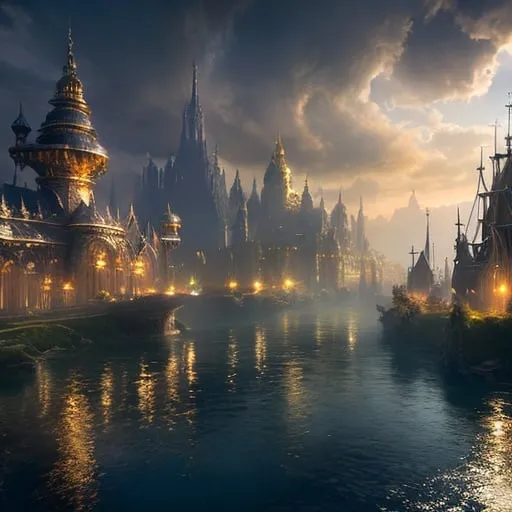 Prompt: Fantasy concept art of a large city at the head waters of a river, docked ships, towering majestic architecture, mystical atmosphere, enchanting light effects, high quality, fantasy, detailed cityscape, riverside, majestic ships, mystical ambiance, enchanting lighting, panoramic view, natural light
