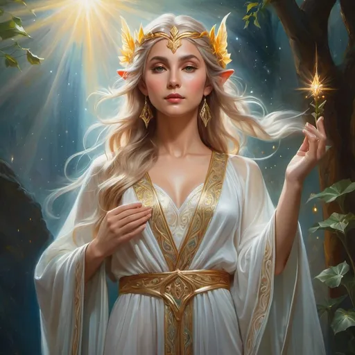 Prompt: Elf Deity, oil painting, detailed robes, majestic pose, ethereal background, high quality, deity,  majestic pose,ethereal, atmospheric lighting