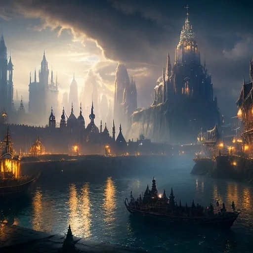 Prompt: Fantasy concept art of a large city at the head waters of a river, docked ships, towering majestic architecture, mystical atmosphere, enchanting light effects, high quality, fantasy, detailed cityscape, riverside, majestic ships, mystical ambiance, enchanting lighting, panoramic view, natural light
