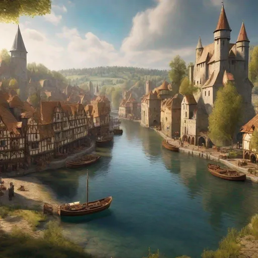 Prompt:  large medieval city at the head waters of a river, docked ships, vibrant, panoramic view, uhd, 4k, natural lighting, fantasy setting, noon
