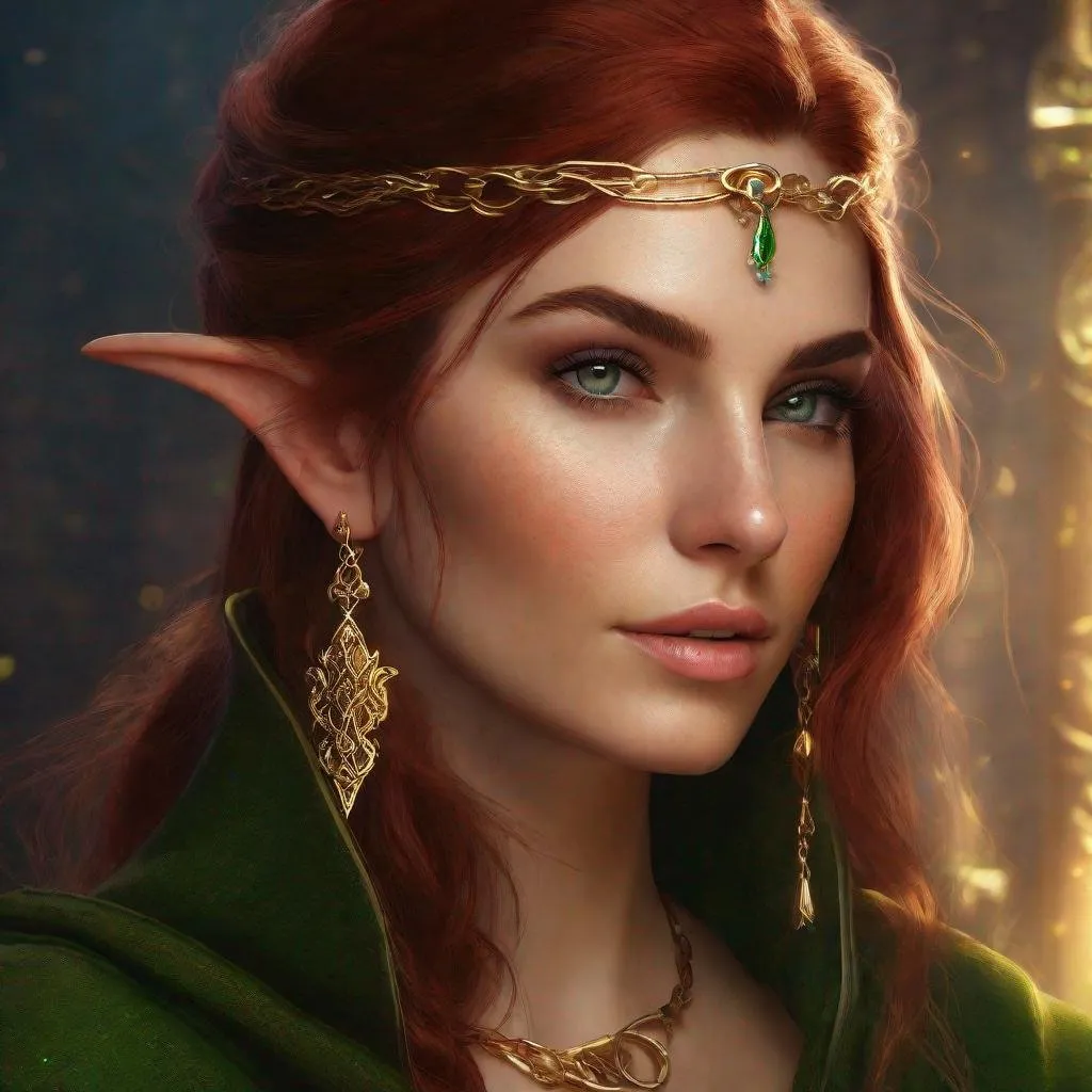 Prompt: high-resolution, Headshot, Realistic, Young adult, Pretty Elf woman, light freckles dark red hair, Gold earrings, face tattoo, green robe with chain mail, mage, witch, Wizard, Elf, Elven, High Fae, Fae, 4k, 128k UHD HDR, High quality, Concept art style, Video game style, perfect eyes, perfect face, Lord of the rings, Game of thrones, World of war craft, high resolution eyes