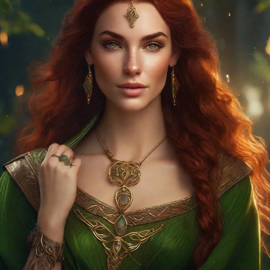 Prompt: high-resolution, Headshot, Realistic, Young adult, Pretty Elf woman, light freckles dark red hair, Gold earrings, face tattoo, green robe with chain mail, mage, witch, Wizard, Elf, Elven, High Fae, Fae, 4k, 128k UHD HDR, High quality, Concept art style, Video game style, perfect eyes, perfect face, Lord of the rings, Game of thrones, World of war craft, high resolution eyes