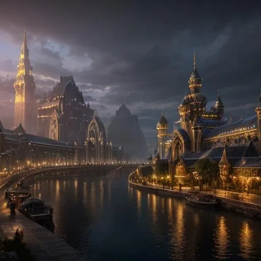 Prompt: Fantasy concept art of a large city at the head waters of a river, docked ships, towering majestic architecture, mystical atmosphere, enchanting light effects, high quality, fantasy, detailed cityscape, riverside, majestic ships, mystical ambiance, enchanting lighting