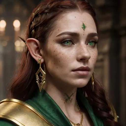 Prompt: high-resolution, Headshot, Realistic, Young adult, Pretty Elf woman, light freckles dark red hair, Gold earrings, face tattoo, green robe with chain mail, mage, witch, Wizard, Elf, Elven, High Fae, Fae, 4k, 128k UHD HDR, High quality, Concept art style, Video game style, perfect eyes, perfect face, Lord of the rings, Game of thrones, World of war craft, high resolution eyes