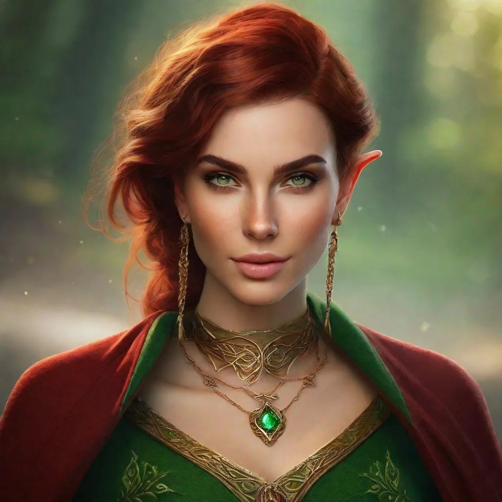 Prompt: high-resolution, Headshot, Realistic, Young adult, Pretty Elf woman, light freckles dark red hair, Gold earrings, face tattoo, green robe with chain mail, mage, witch, Wizard, Elf, Elven, High Fae, Fae, 4k, 128k UHD HDR, High quality, Concept art style, Video game style, perfect eyes, perfect face, Lord of the rings, Game of thrones, World of war craft, high resolution eyes