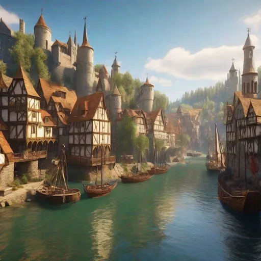 Prompt:  large medieval city at the head waters of a river, docked ships, vibrant, panoramic view, uhd, 4k, natural lighting, fantasy setting, noon
