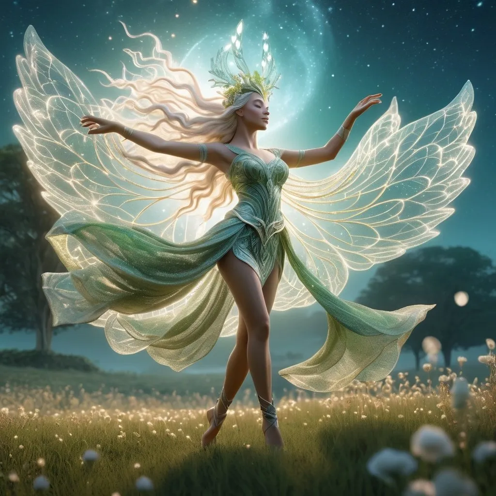 Prompt: Elven deity, fey deity, ethereal and graceful, 3D rendering, intricate nature-inspired details, majestic and otherworldly, high quality, fantasy, magical, ethereal, 3D rendering,  intricate details, nature-inspired, otherworldly, dancing across a field