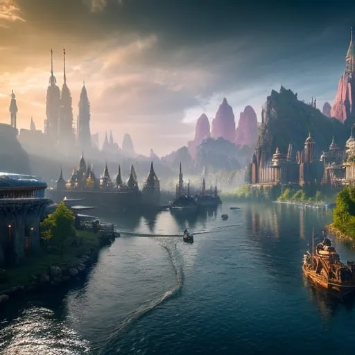 Prompt: Fantasy concept art of a large city at the head waters of a river, docked ships, vibrant, panoramic view, uhd, 4k, natural lighting
