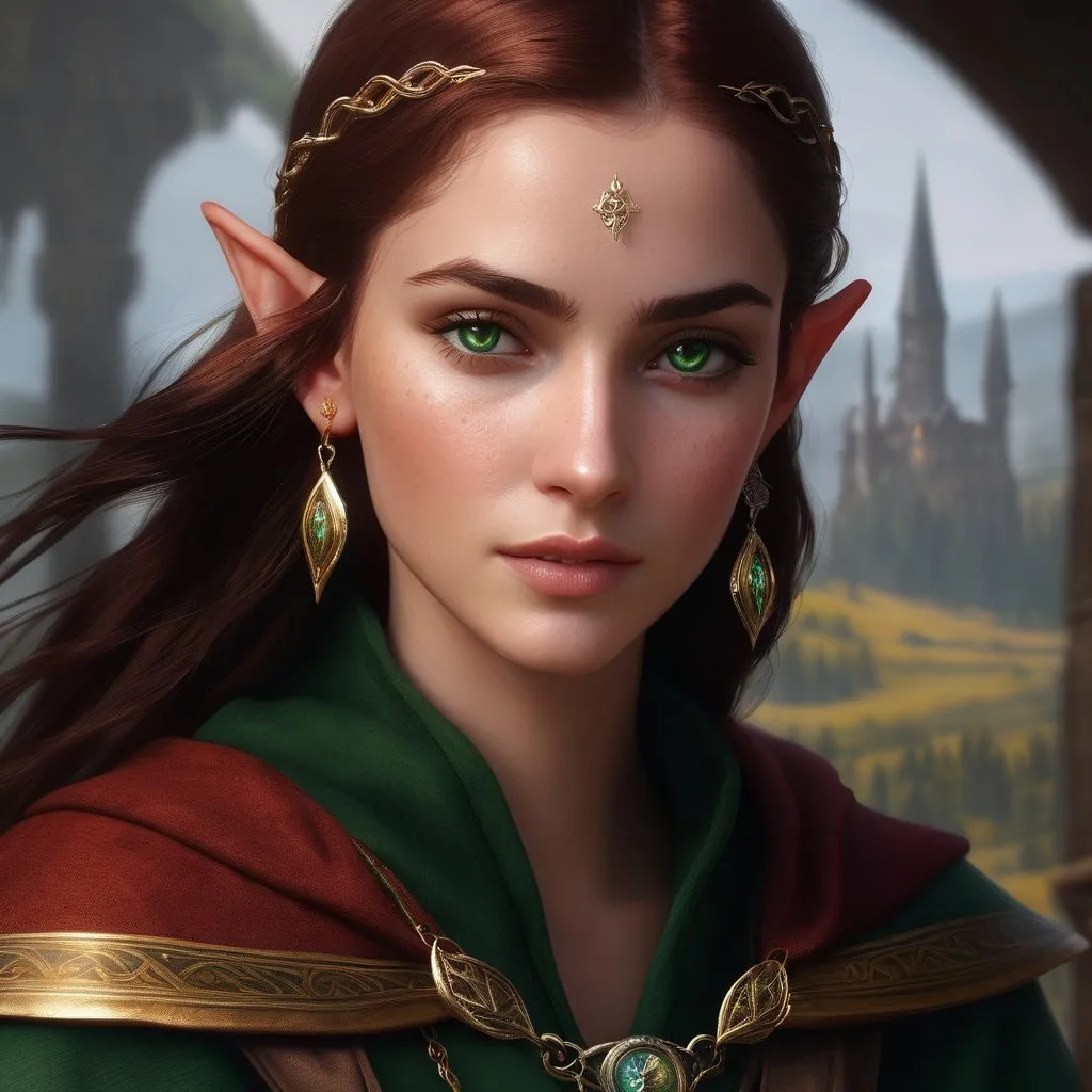 Prompt: high-resolution, Headshot, Realistic, Young adult, Pretty Elf woman, light freckles dark red hair, Gold earrings, face tattoo, green robe with chain mail, mage, witch, Wizard, Elf, Elven, High Fae, Fae, 4k, 128k UHD HDR, High quality, Concept art style, Video game style, perfect eyes, perfect face, Lord of the rings, Game of thrones, World of war craft, high resolution eyes