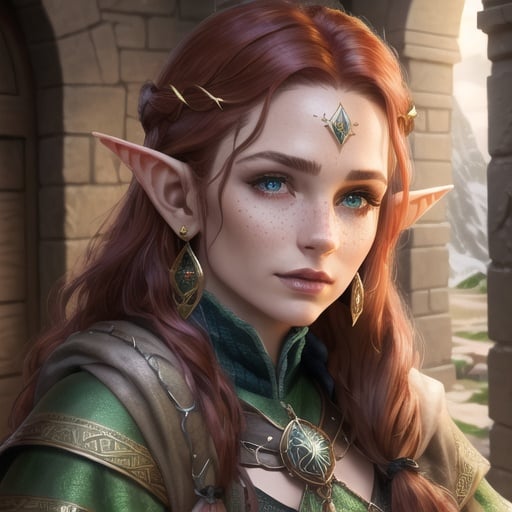 Prompt: high-resolution, Headshot, Realistic, Young adult, Pretty Elf woman, light freckles dark red hair, Gold earrings, face tattoo, green robe with chain mail, mage, witch, Wizard, Elf, Elven, High Fae, Fae, 4k, 128k UHD HDR, High quality, Concept art style, Video game style, perfect eyes, perfect face, Lord of the rings, Game of thrones, World of war craft, high resolution eyes