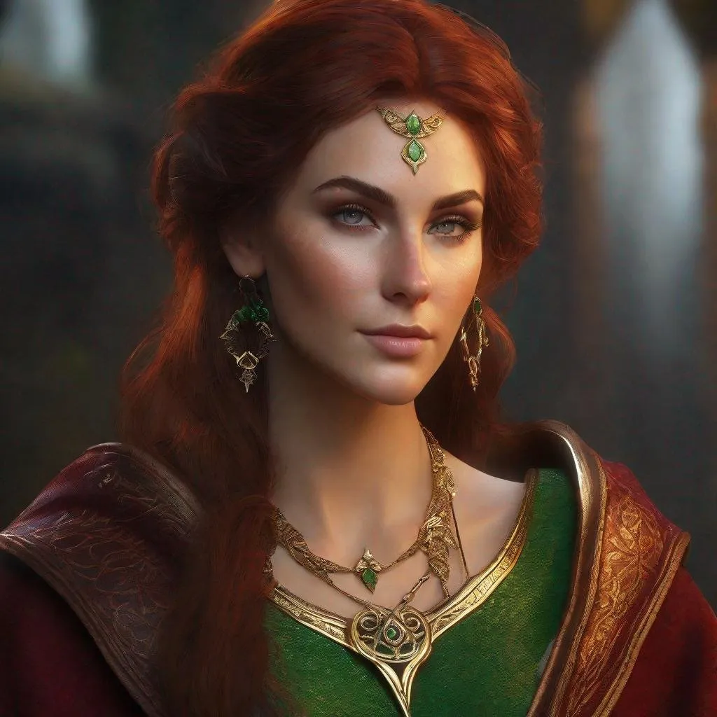 Prompt: high-resolution, Headshot, Realistic, Young adult, Pretty Elf woman, light freckles dark red hair, Gold earrings, face tattoo, green robe with chain mail, mage, witch, Wizard, Elf, Elven, High Fae, Fae, 4k, 128k UHD HDR, High quality, Concept art style, Video game style, perfect eyes, perfect face, Lord of the rings, Game of thrones, World of war craft, high resolution eyes