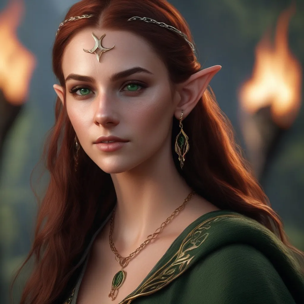 Prompt: high-resolution, Headshot, Realistic, Young adult, Pretty Elf woman, light freckles dark red hair, Gold earrings, face tattoo, green robe with chain mail, mage, witch, Wizard, Elf, Elven, High Fae, Fae, 4k, 128k UHD HDR, High quality, Concept art style, Video game style, perfect eyes, perfect face, Lord of the rings, Game of thrones, World of war craft, high resolution eyes