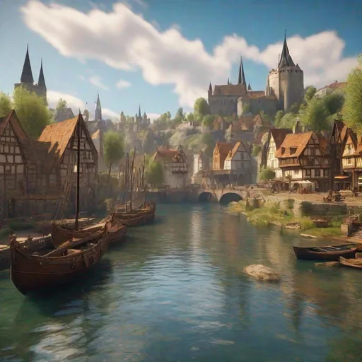 Prompt:  large medieval city at the head waters of a river, docked ships, vibrant, panoramic view, uhd, 4k, natural lighting, fantasy setting, noon
