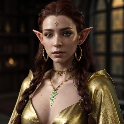 Prompt: high-resolution, Headshot, Realistic, Young adult, Pretty Elf woman, light freckles dark red hair, Gold earrings, face tattoo, green robe with chain mail, mage, witch, Wizard, Elf, Elven, High Fae, Fae, 4k, 128k UHD HDR, High quality, Concept art style, Video game style, perfect eyes, perfect face, Lord of the rings, Game of thrones, World of war craft, high resolution eyes