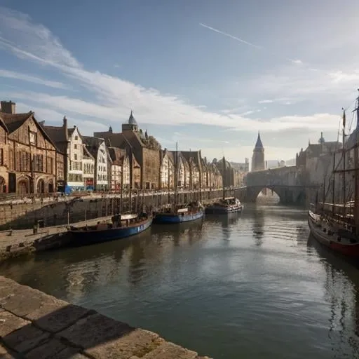 Prompt:  large medieval city at the head waters of a river, docked ships, vibrant, panoramic view, uhd, 4k, natural lighting, fantasy setting, noon
